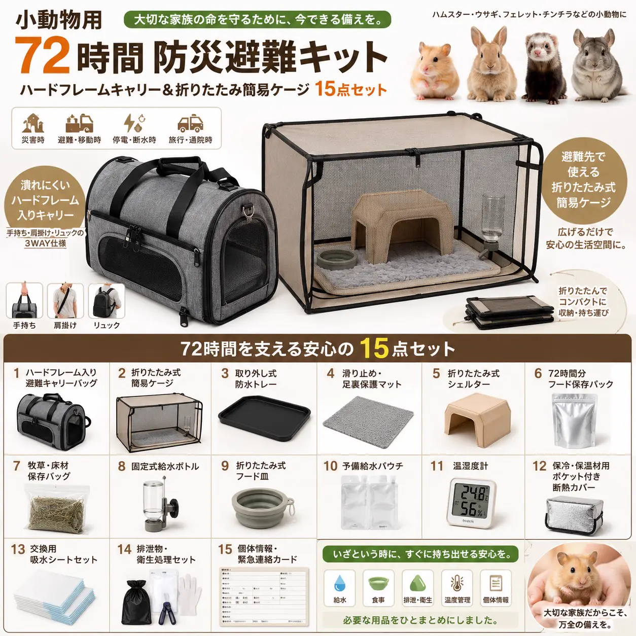 小動物用72時間防災避難キット 15点セット