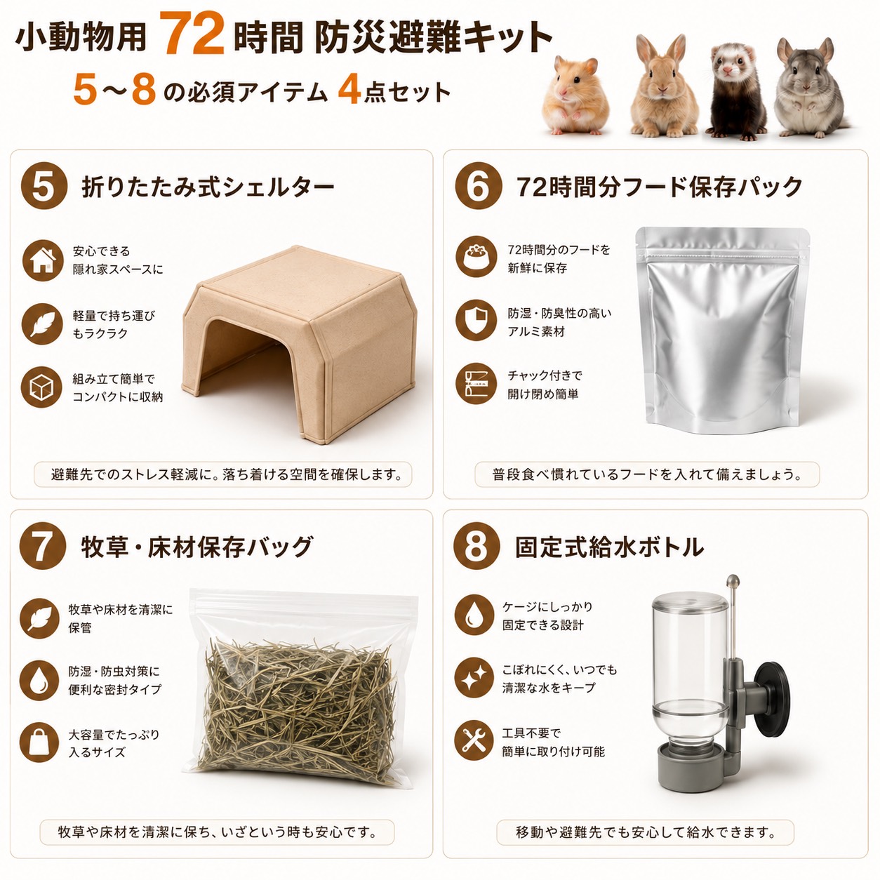 必須アイテム4点セット（シェルター、保存バッグ、給水ボトル）